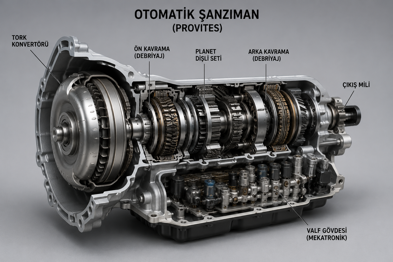 Otomatik şanzıman kesit diyagramı: tork konvertörü, ön kavrama, planet dişli seti, arka kavrama, valf gövdesi, çıkış mili